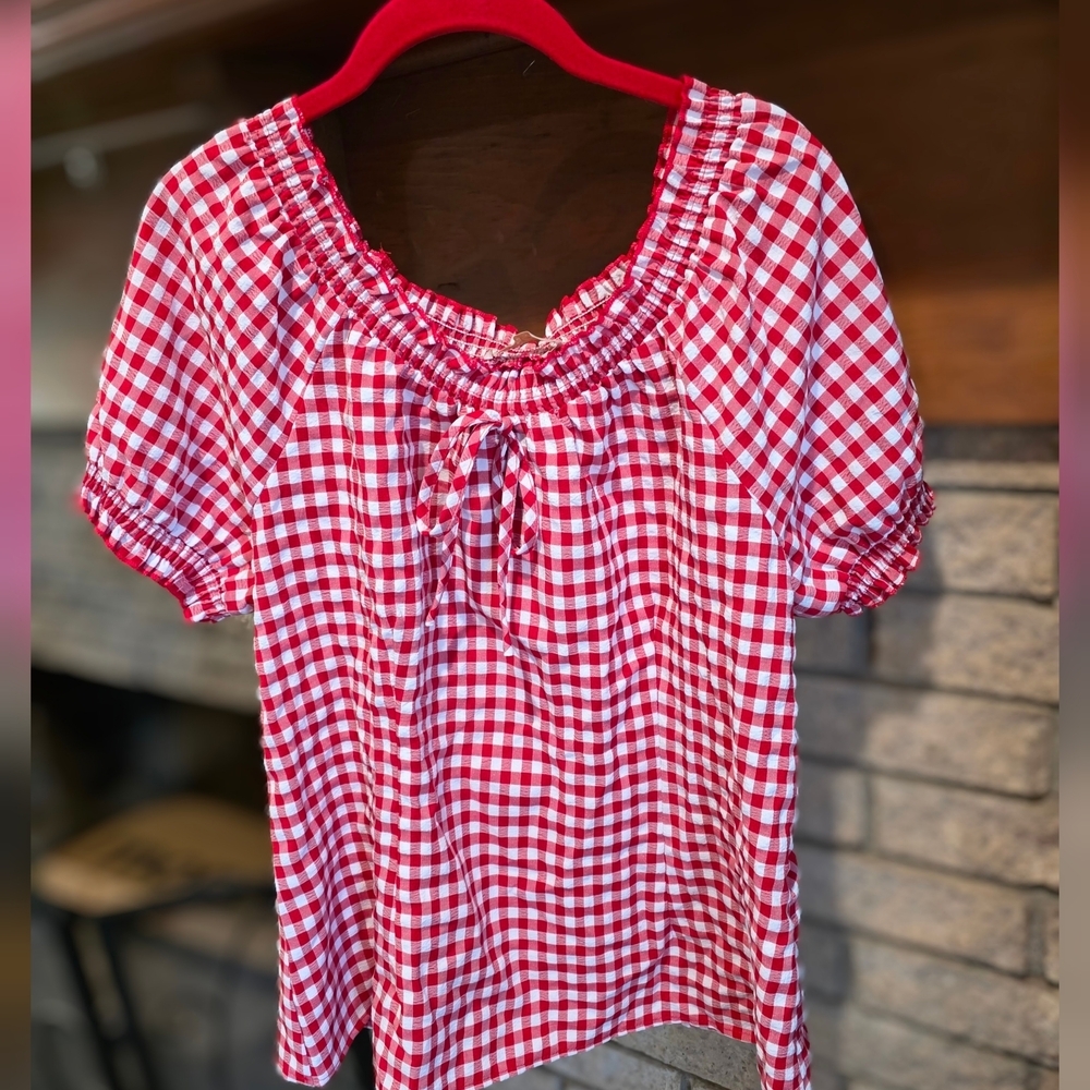 Belle Poque Red Gingham Smocked Neck Peasant Blouse - Picture 2 of 6